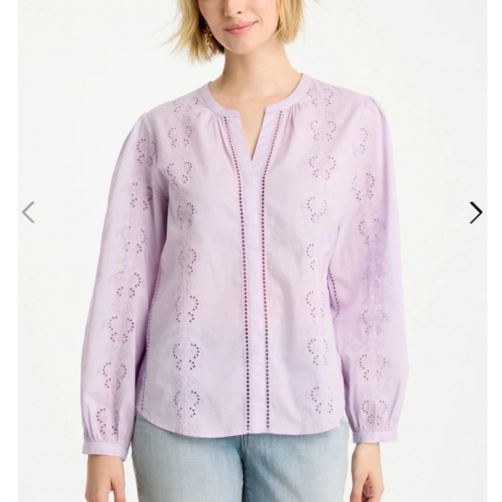 Chico's 1 Purple Lilac Eyelet Embroidered Long Sleeve Button Top Orchid Mist M